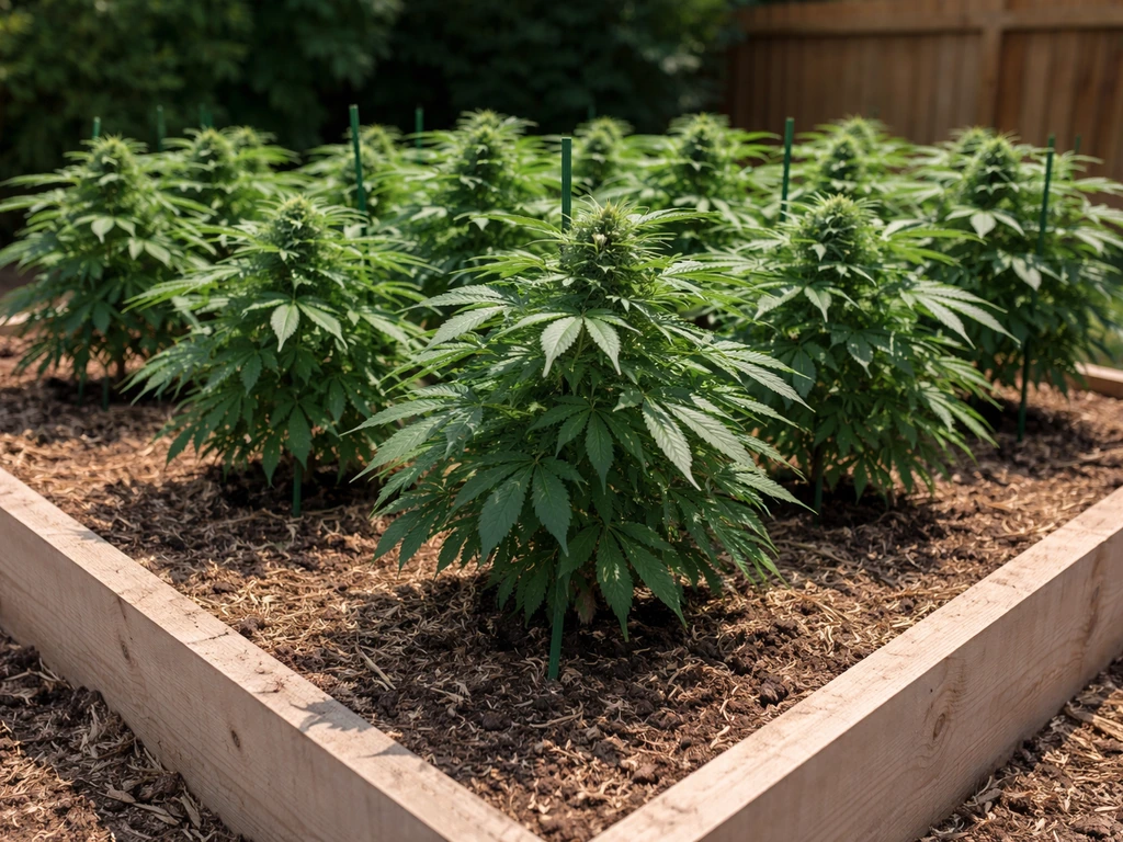 Sunlit backyard raised bed with supported Northern Lights cannabis plants growing outdoors.