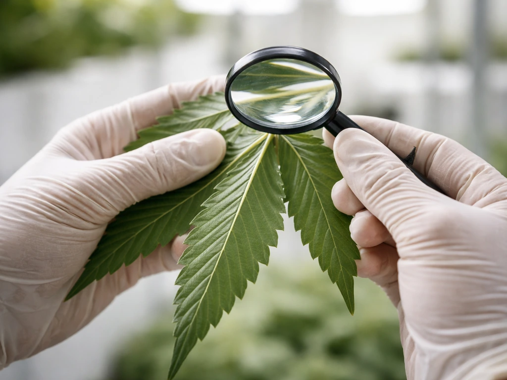 Close-up inspection of a cannabis leaf underside by gloved hands over a clean grow-space background