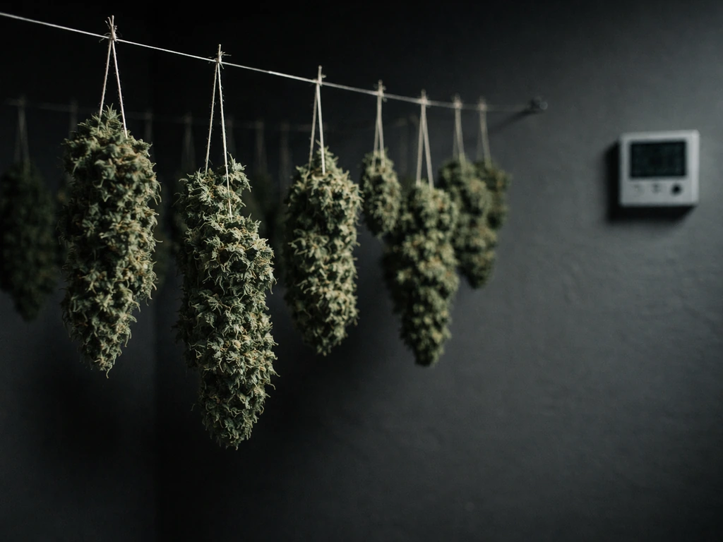 Trimmed cannabis buds hanging in a dark drying room, with a visible hygrometer/thermometer on the wall.