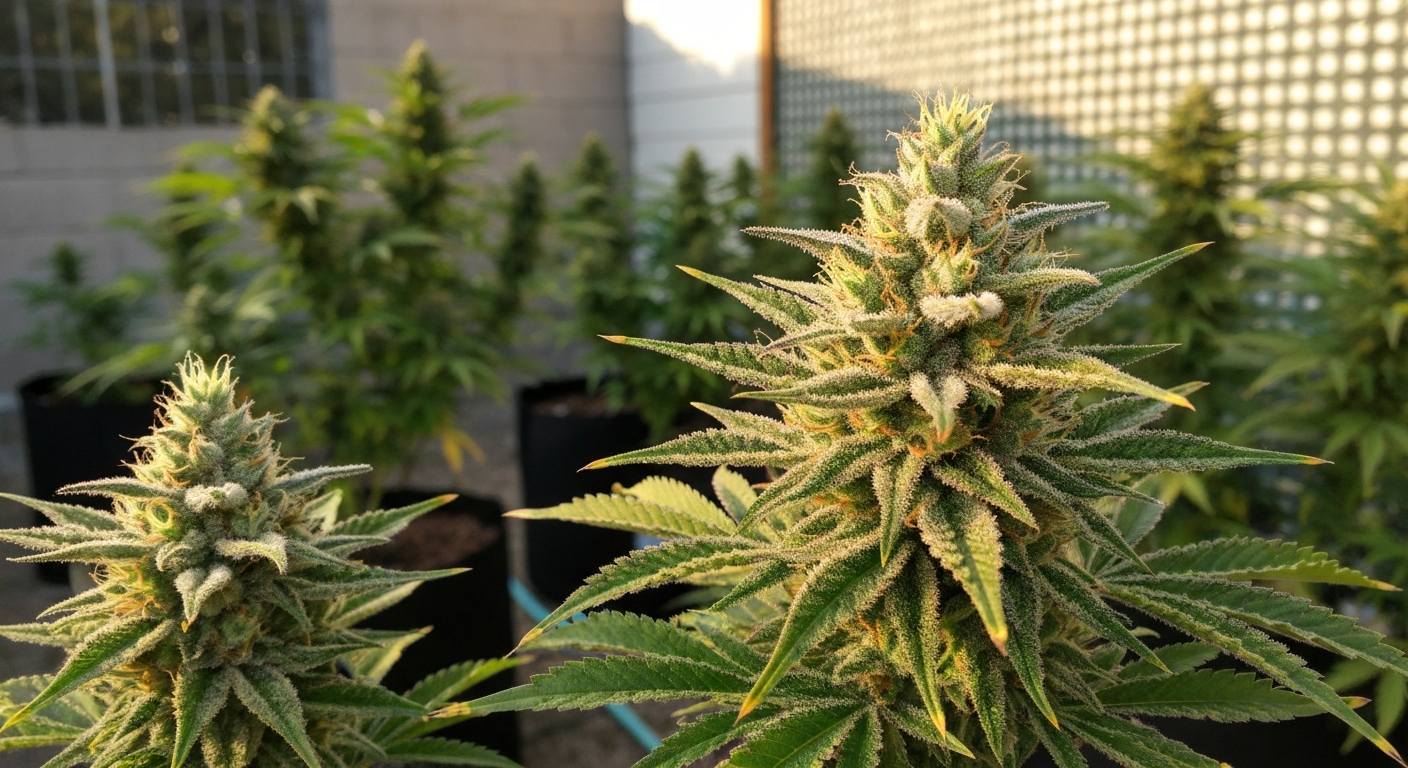 Outdoor cannabis garden with dense, resin-covered colas in fabric pots at golden hour