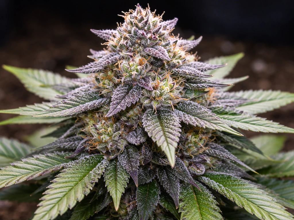 Close-up of a cannabis plant’s dense, frosty buds in an indoor grow setting.