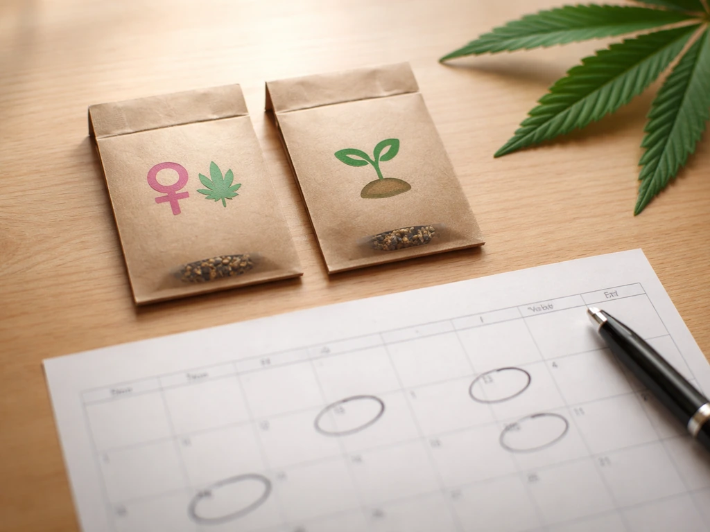 Cannabis seed packets and a simple calendar planner on a wooden table, suggesting variety and timeline planning.