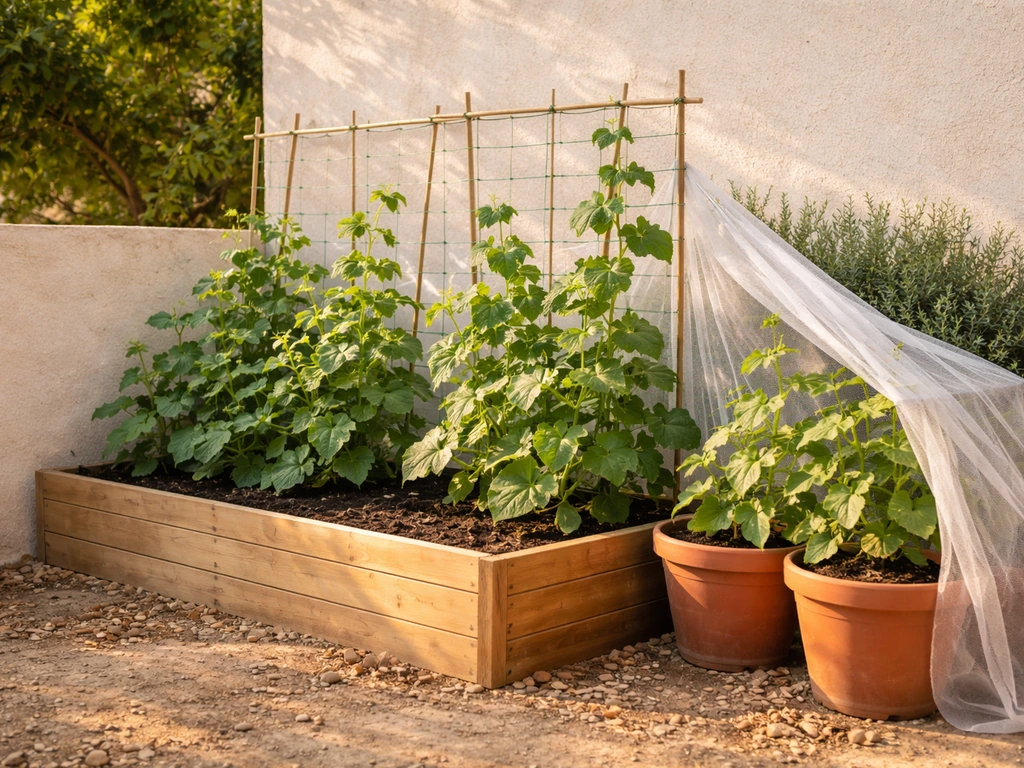 Sunlit raised bed with planters, simple trellis, and a light cover protecting climbing plants outdoors.