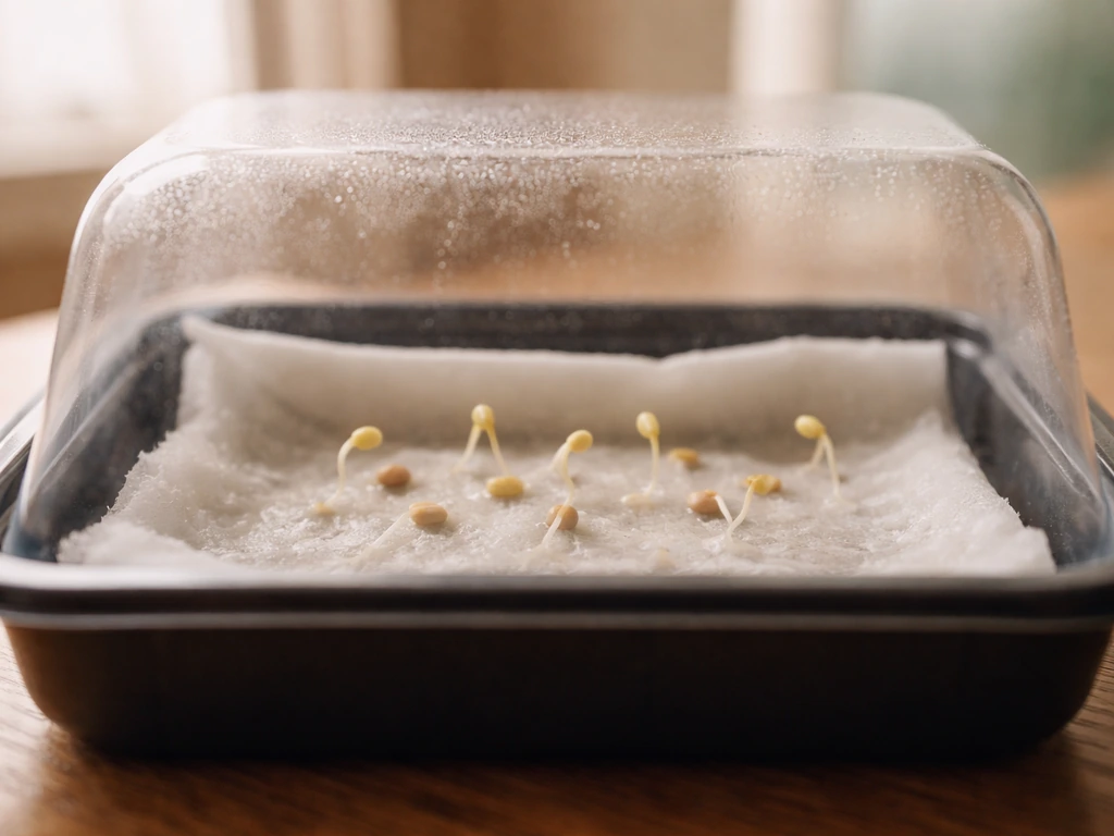 Tiny seedling roots emerging from a moist paper towel inside a clear germination dome