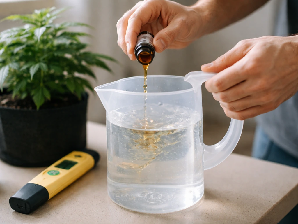 Hands mixing plant nutrients in a watering can beside a small seedling and EC-pH meter