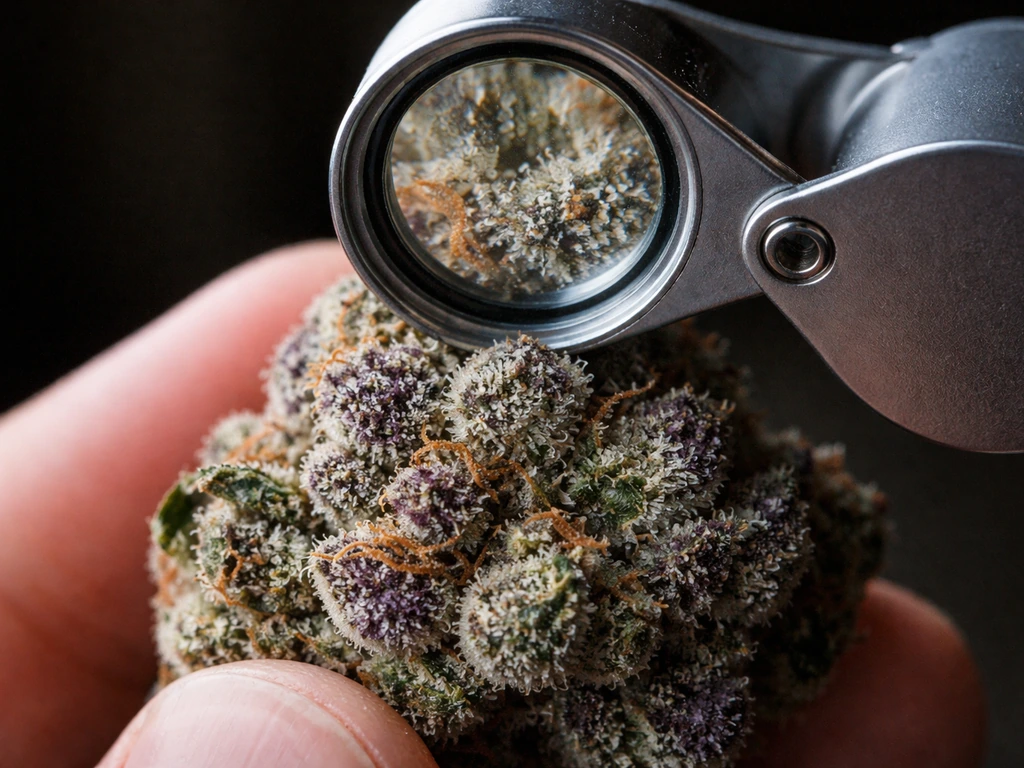 Close-up of a dense cannabis bud with a jeweler’s loupe showing milky/cloudy trichomes.