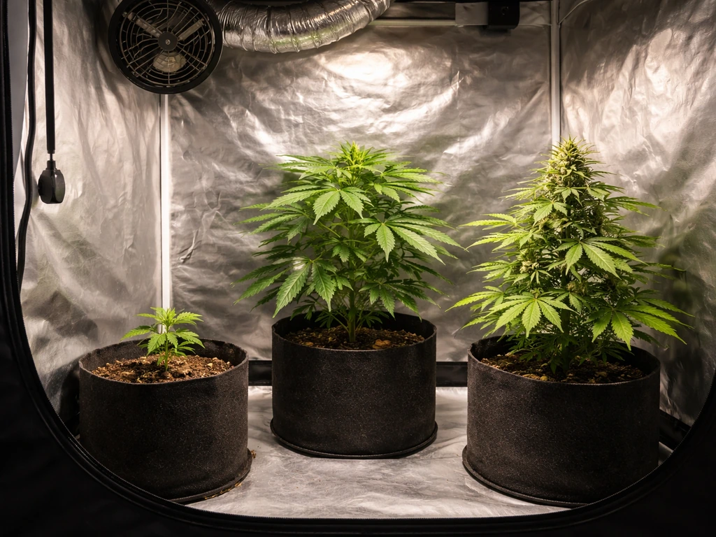 Indoor grow tent with cannabis plants showing seedling, veg, and flowering stages under warm grow lights