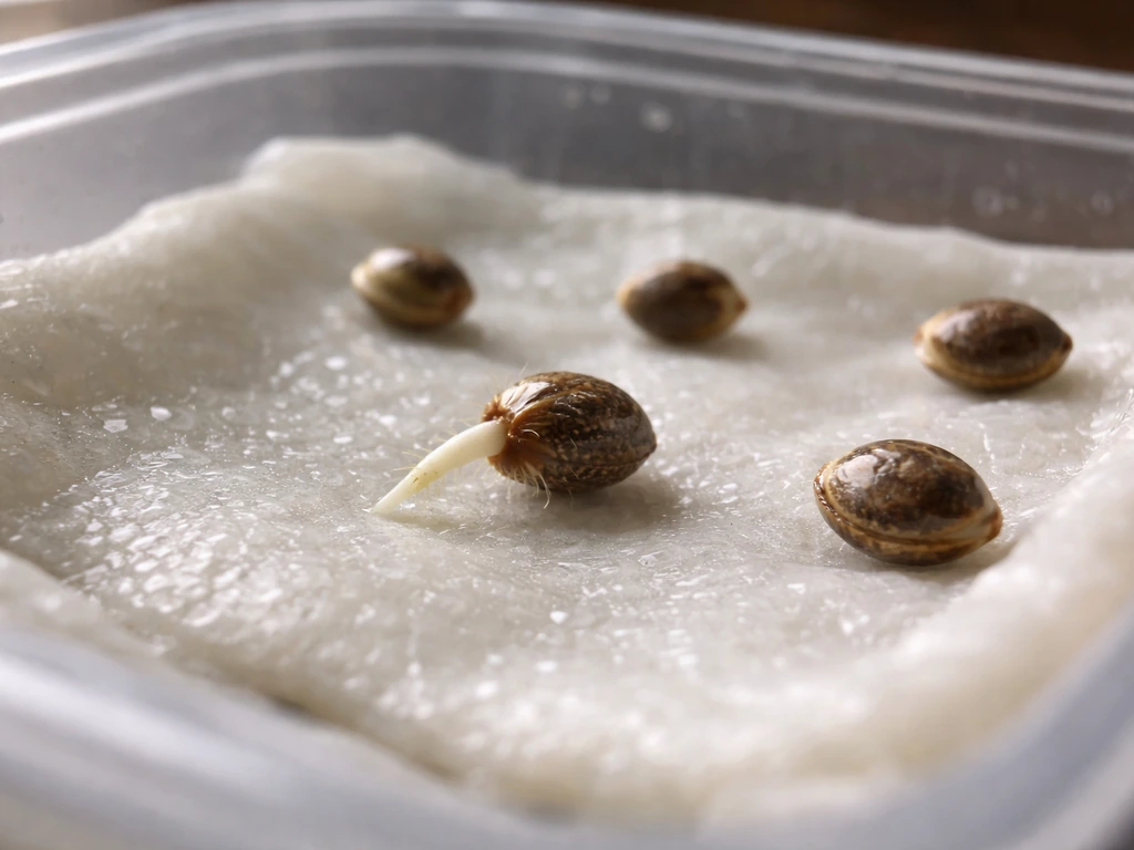 Macro close-up of cannabis seeds between damp paper towels with a taproot emerging.