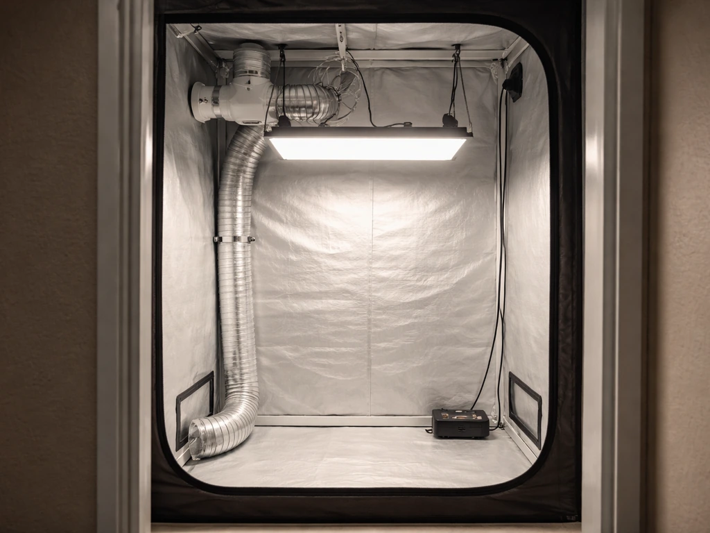 Minimal view of an indoor grow tent with LED light, timer gear, and fan/ducting for airflow.