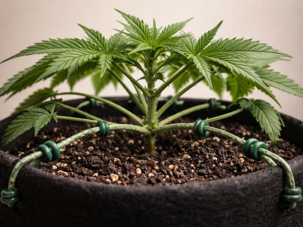 Cannabis plant branches gently bent and tied down in a small pot for low-stress training.