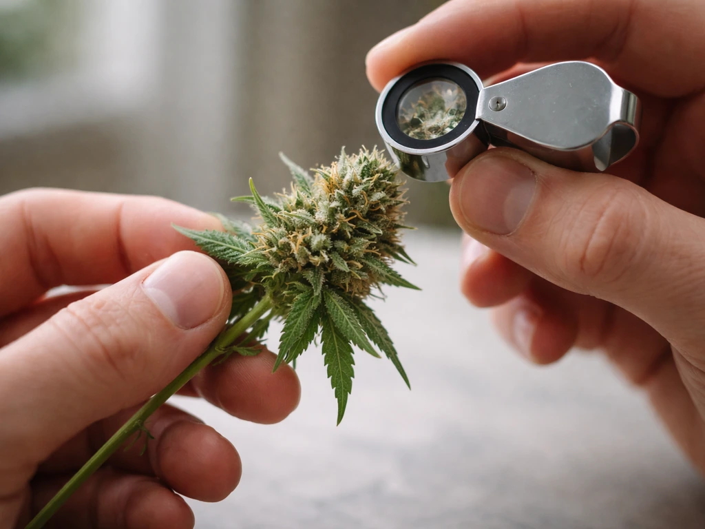 Hands inspecting cannabis trichomes through a jeweler’s loupe on a small stem branch indoors