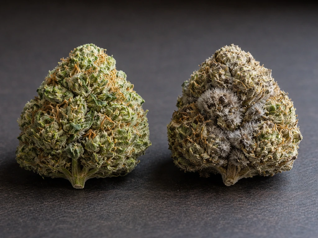 Side-by-side close-up of a healthy dense cannabis bud and a bud with gray-brown botrytis mold patches.