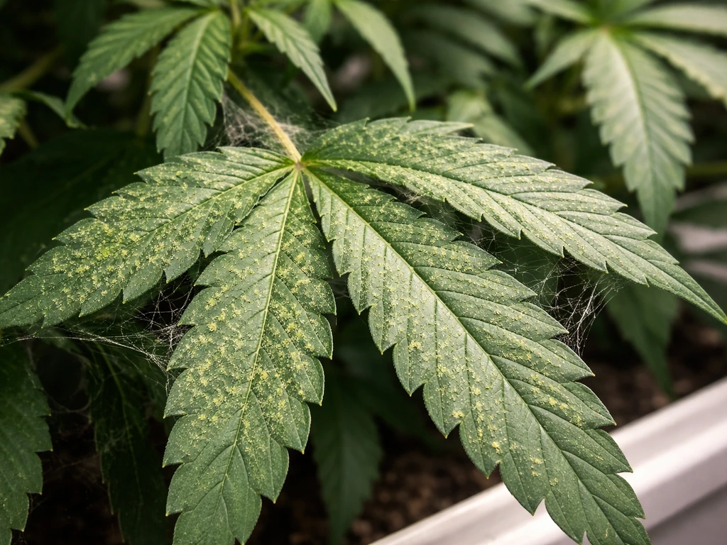Close-up of cannabis leaf with pale stippling and faint spider-mite webbing damage.