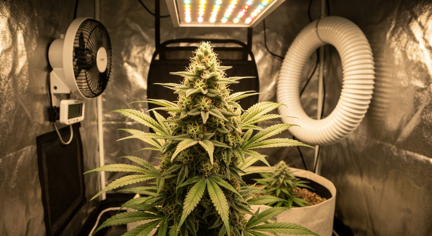 Indoor grow tent with a healthy cannabis plant in mid-flower under LED light; visible buds and trichomes, tent equipment subtly visible in background.