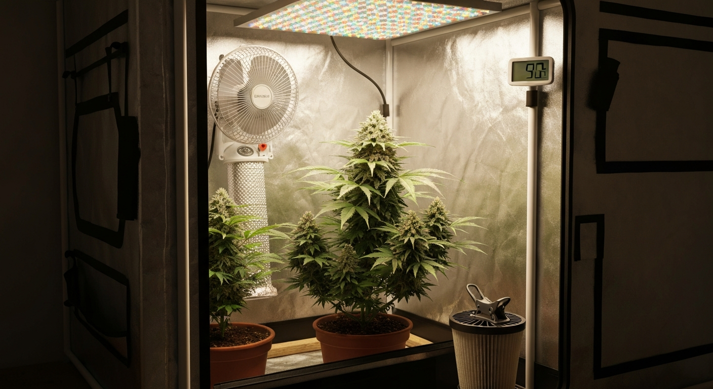 Indoor grow tent with healthy indica cannabis plants under LED lighting, showing exhaust fan, carbon filter, oscillating fan, and thermo-hygrometer.