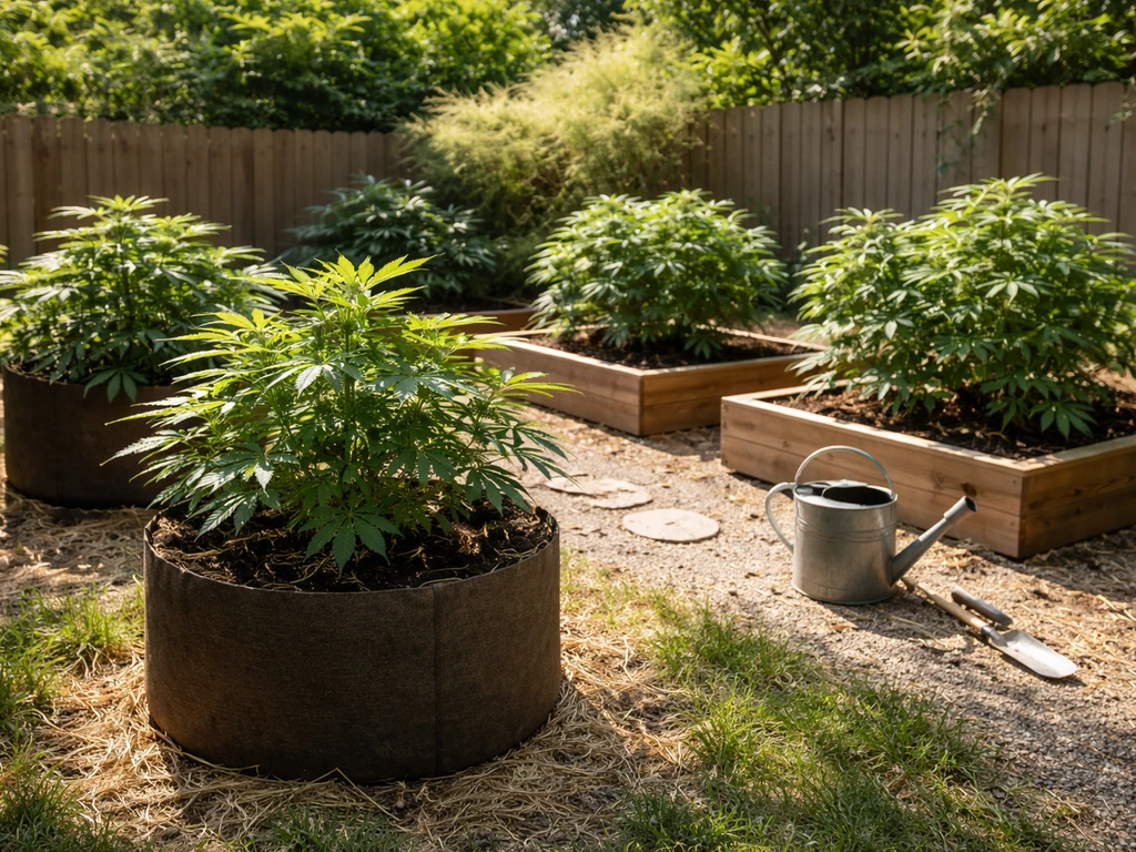 Sunlit Virginia backyard with leafy cannabis plants in raised beds and grow bags, discreet home garden setup.