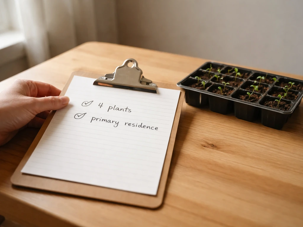 Hand holding a clipboard with handwritten notes beside a small seed-starting tray in a plain room