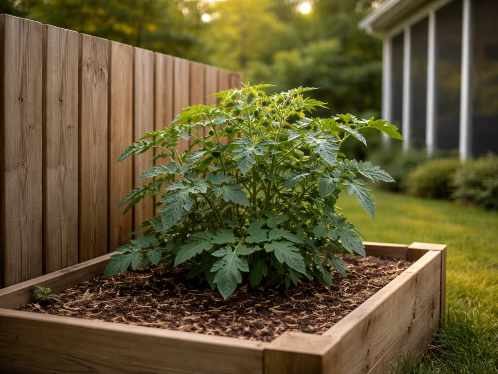 Lush plant in a raised bed behind a privacy fence on a Virginia-style outdoor patio.