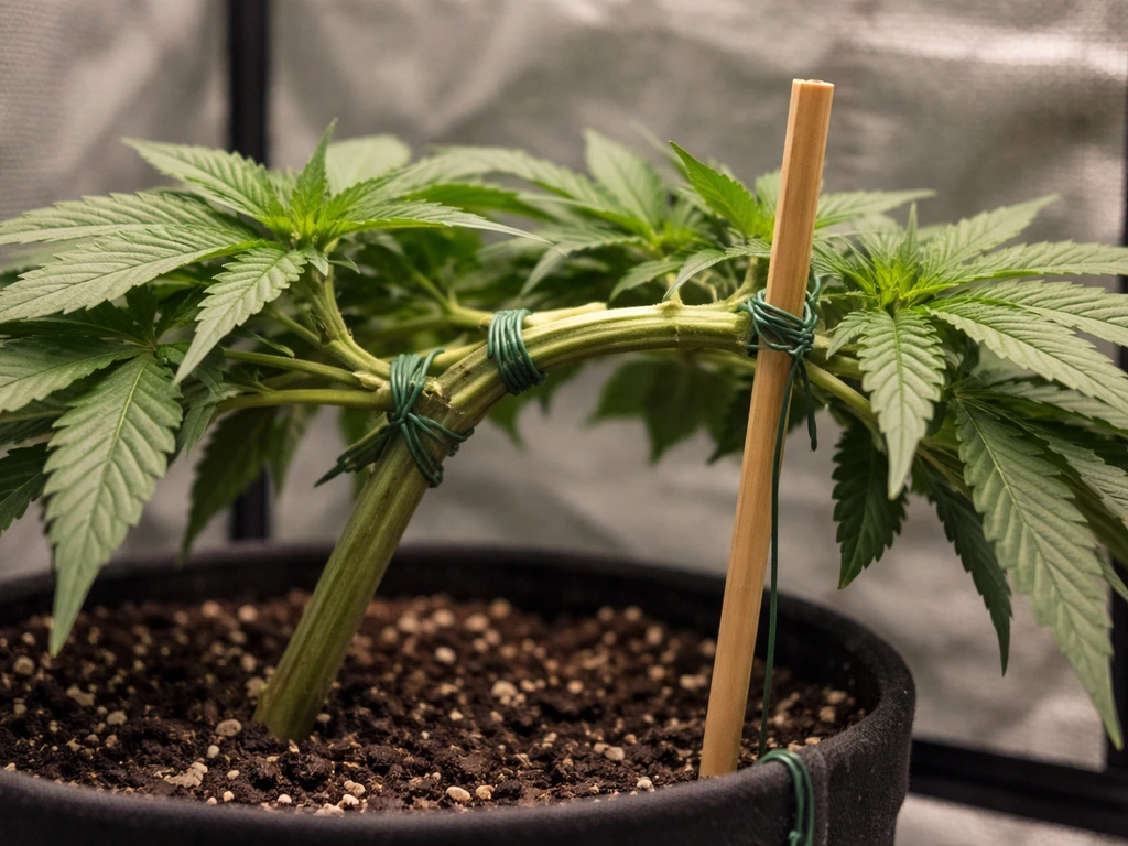 Close-up of a cannabis plant being gently bent and tied with soft plant ties to spread its canopy