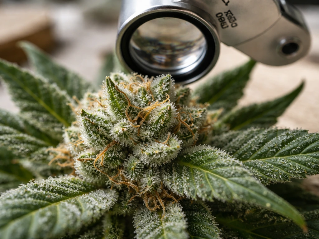 Close-up of trichomes on a cannabis bud inspected through a jeweler’s loupe under natural light.