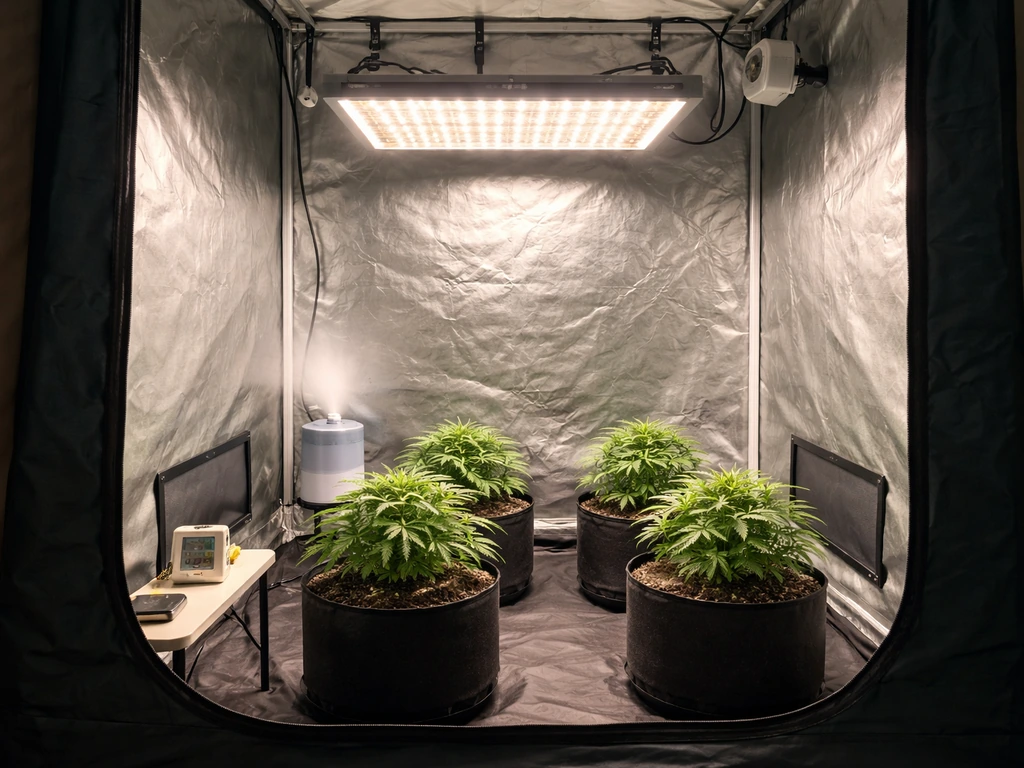 4x4 grow tent interior showing canopy LED light, spaced plants, and measuring tools neatly set up.
