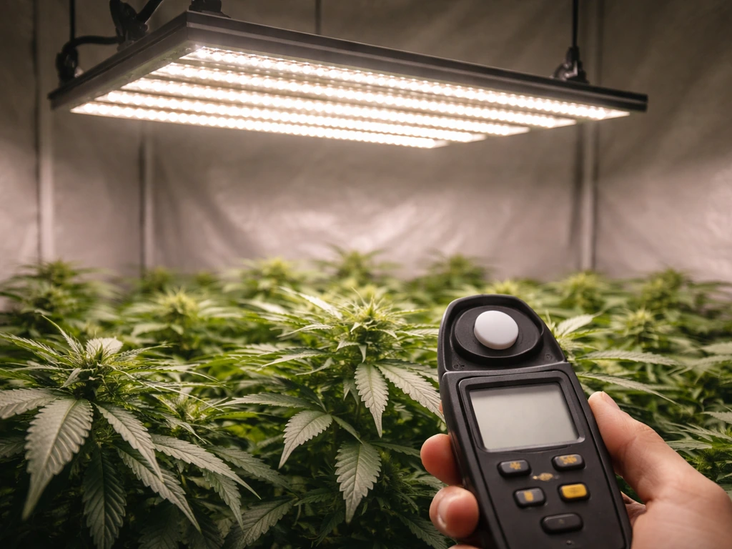 Close-up of a grow light above a plant canopy with a handheld light meter measuring PPFD.