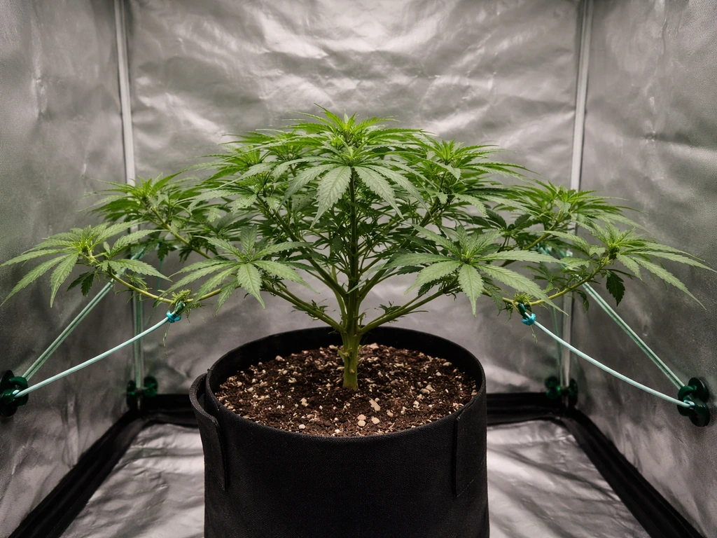 Cannabis plant in a small grow tent trained with low-stress ties, branches spread to fill the canopy.