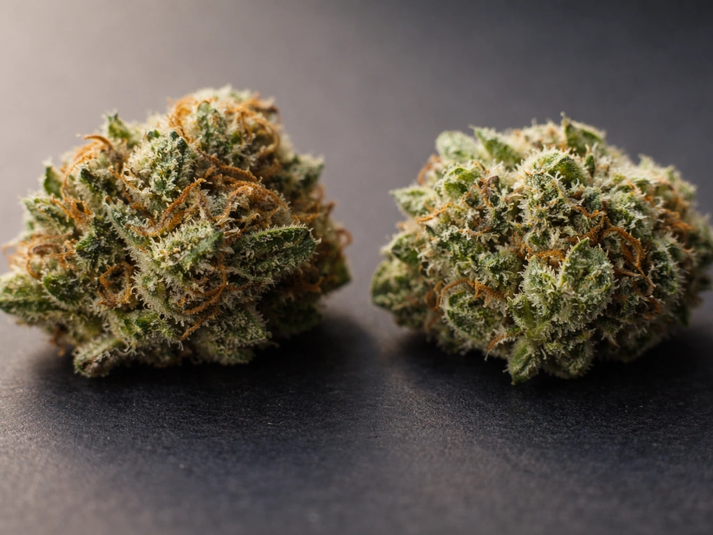 Close-up of cannabis buds with trichomes showing near-peak versus premature ripeness side by side