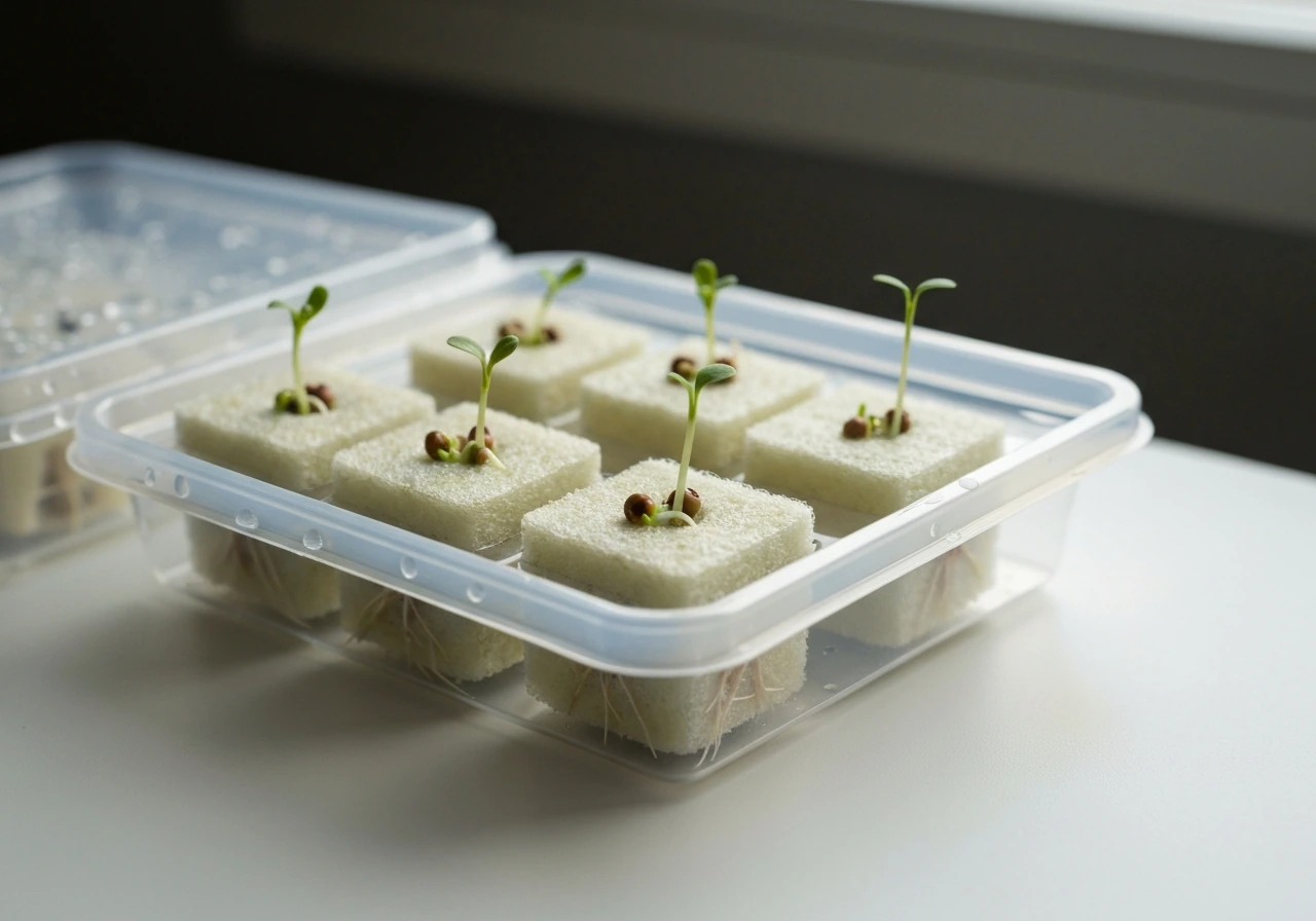 Rockwool plugs with small hydroponic sprouts in a clean propagation tray under natural indoor light