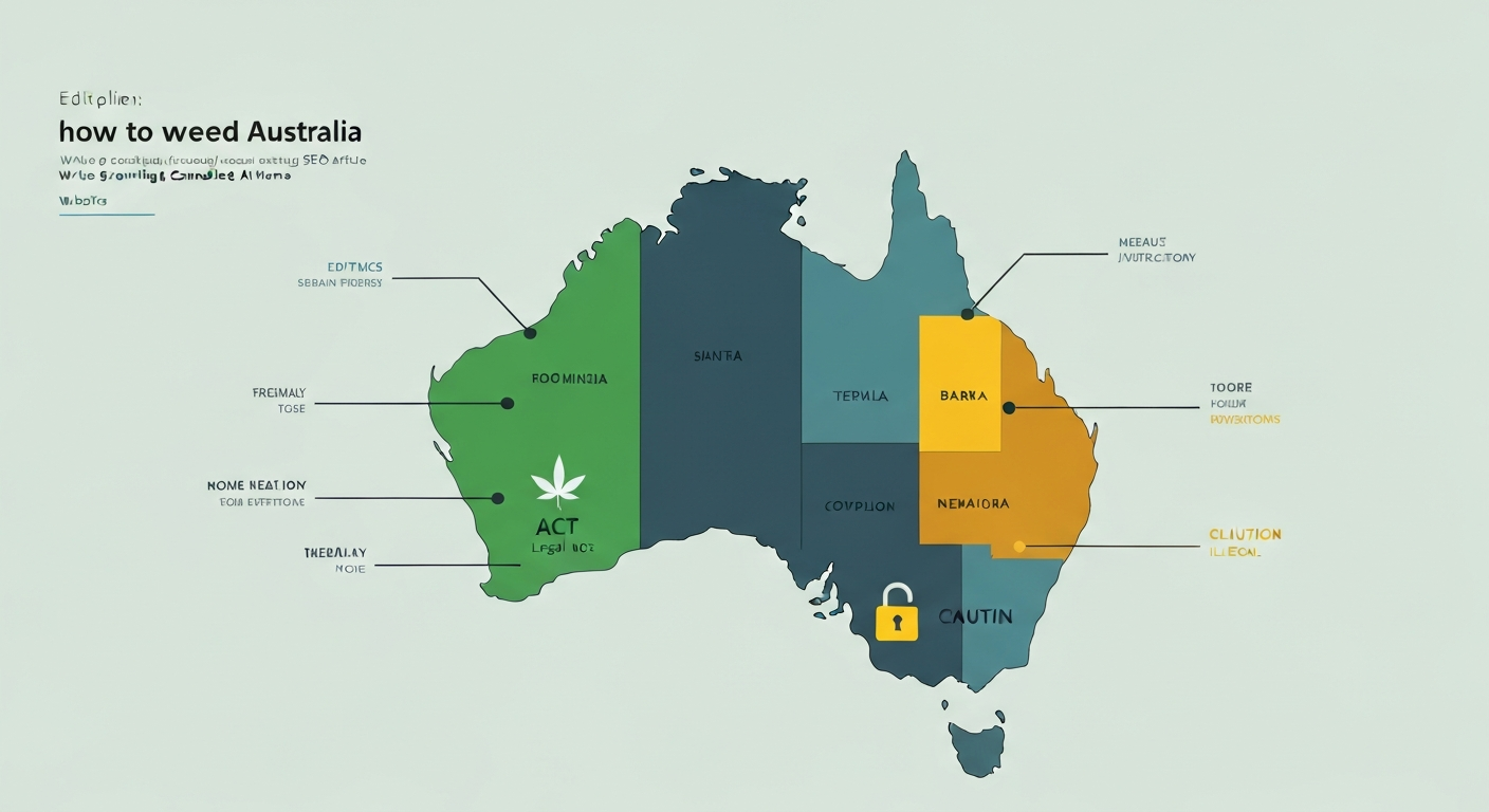 Infographic-style map of Australia colour-coded by state cultivation status with icons for law, health and a lock representing legal complexity and responsible use.